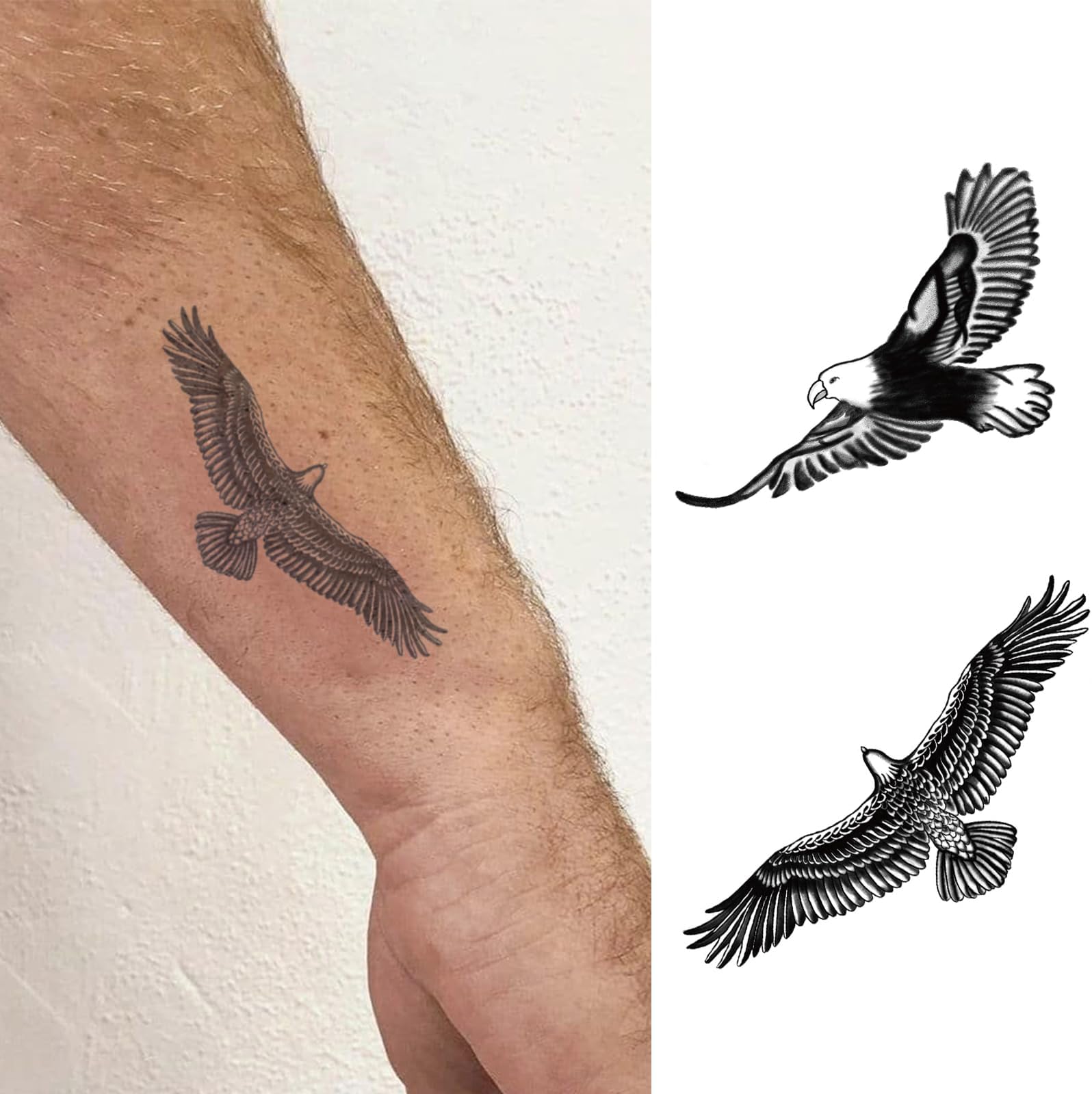 Eagle Temporary Tattoos for Men – 2-Piece Flying Eagle Semi-Permanent Tattoo Set, Realistic Black Waterproof Fake Tattoo for Arm, Wrist, Collarbone & Back