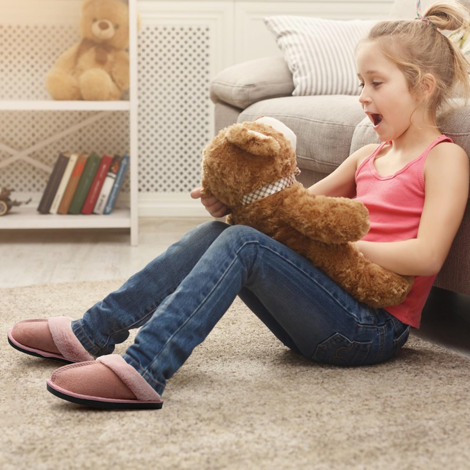 Besroad Pantuflas para niños y niñas, pantuflas de casa cálidas de espuma viscoelástica, pantuflas de felpa suave para dormitorio, para interiores y exteriores, Rosado, 2.5-3.5 Big Kid