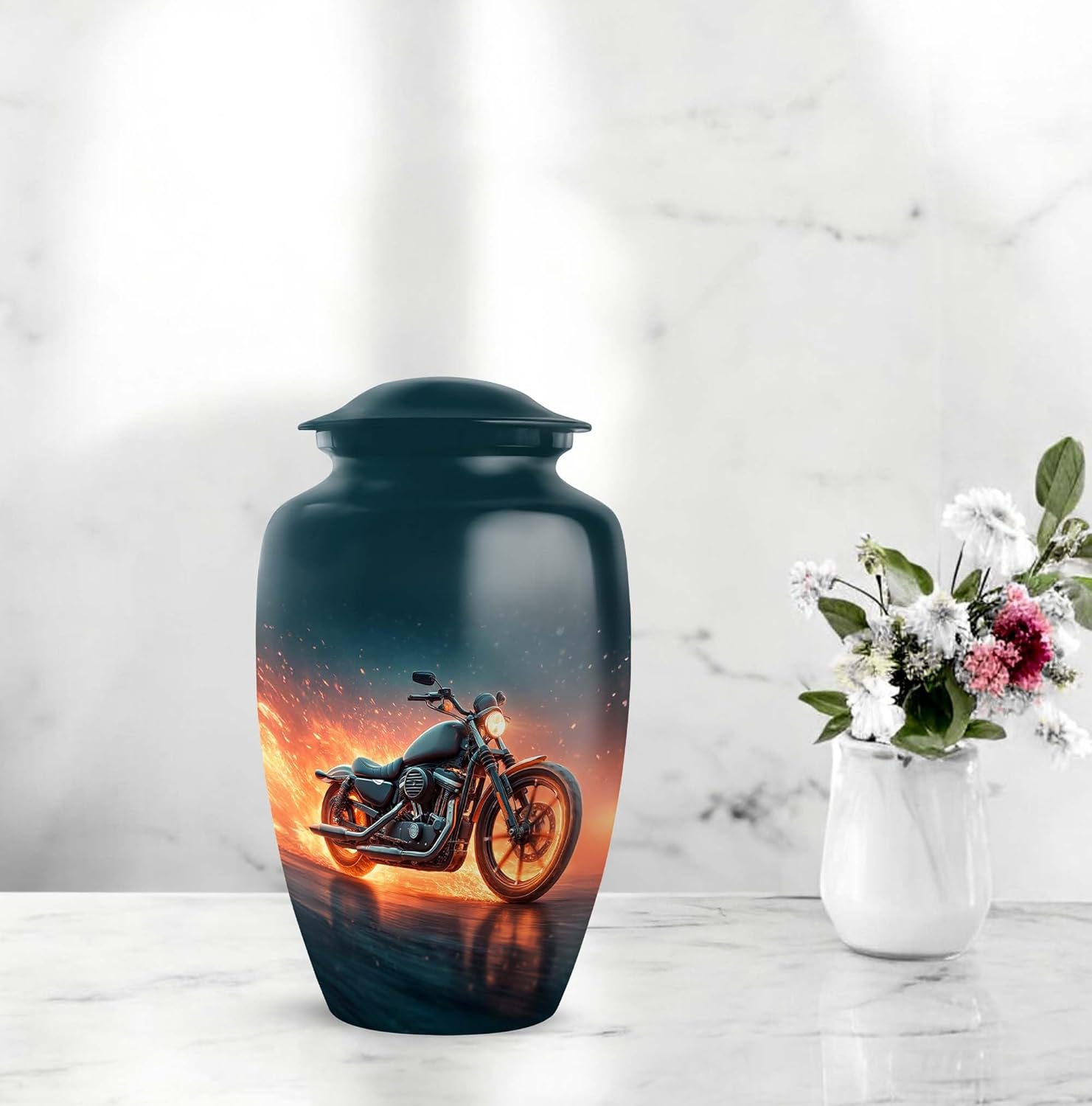 Motorcycle Funeral Urn for Ashes for Women and Men 10 Inch, 4 Keepsake Set - Cremation Urns for Human Ashes - Green Memorial Ash Urn for Human Remains - Large Burial Urns for Mom