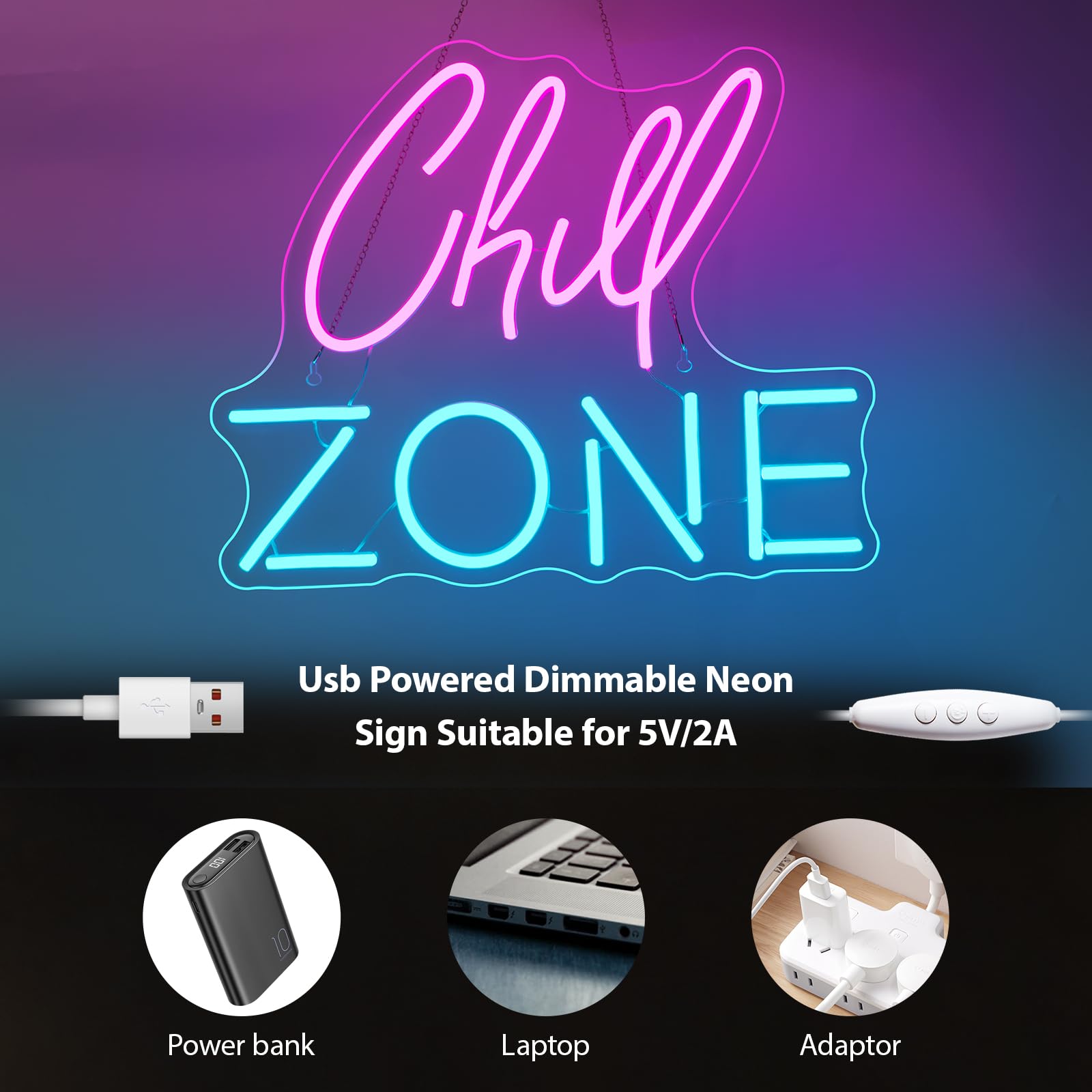 Chill Zone – Panneau lumineux à DEL pour salon, salle de jeux, bar, grotte d'homme, chambre à coucher, décoration murale alimentée par USB, 39 x 32 cm (rose + bleu glacier)