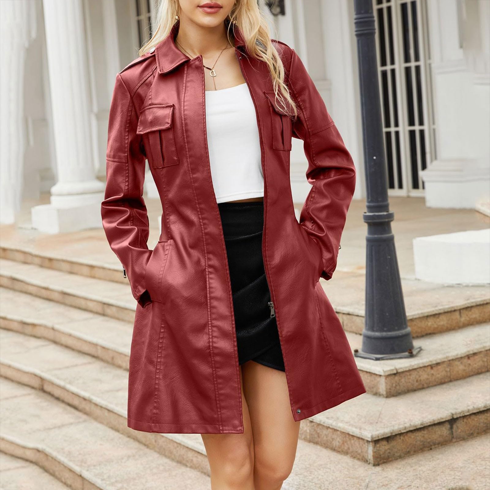 Generisch Chaqueta de invierno para mujer, chaqueta de piel de longitud media con cinturón y manga larga chaqueta cortavientos británica, abrigo de piel