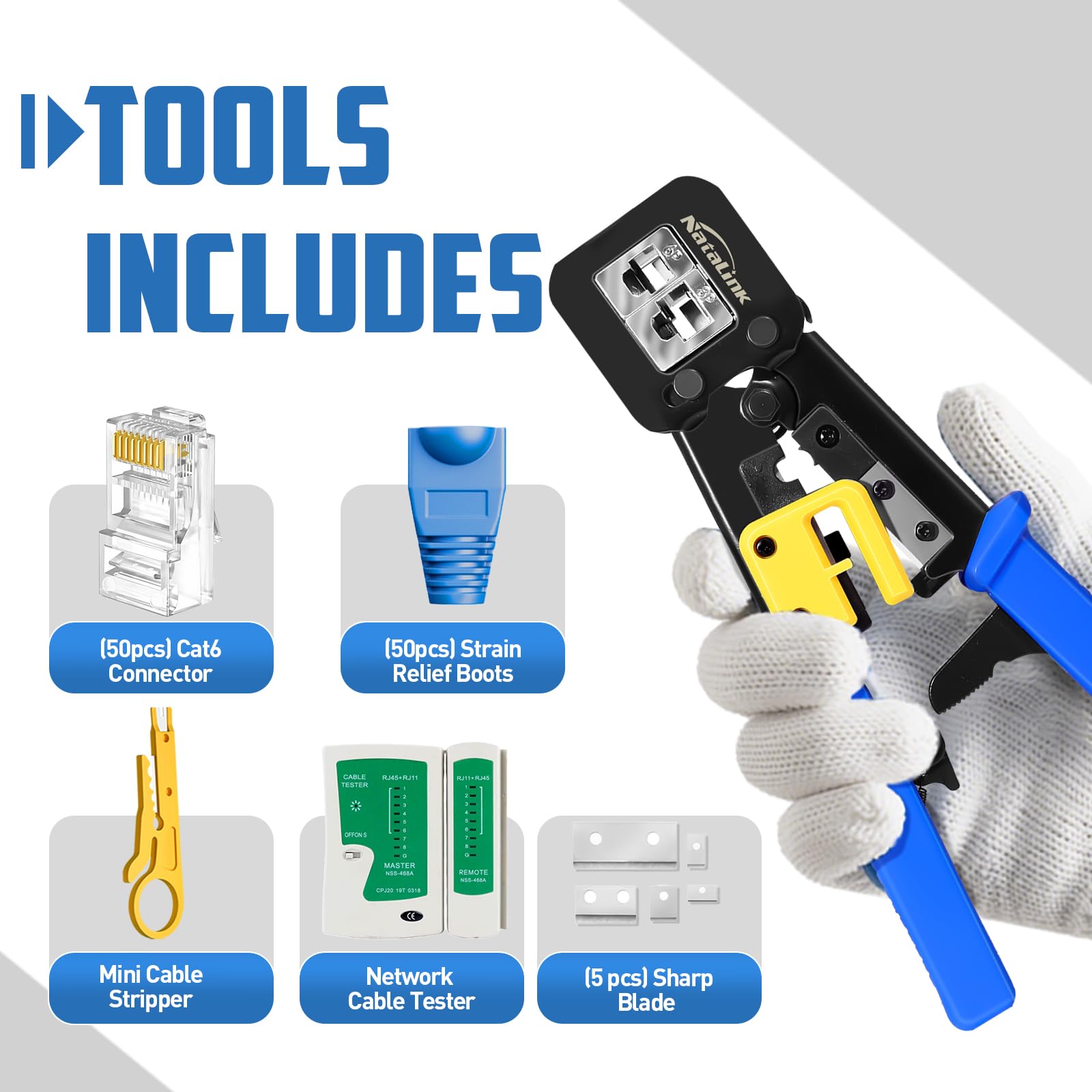 Crimpatrice RJ45 con tester per cavi di rete, mini spellacavi, 50 connettori Cat6 Cat6 Cat 5 e Cat 5 e cavi di sicurezza