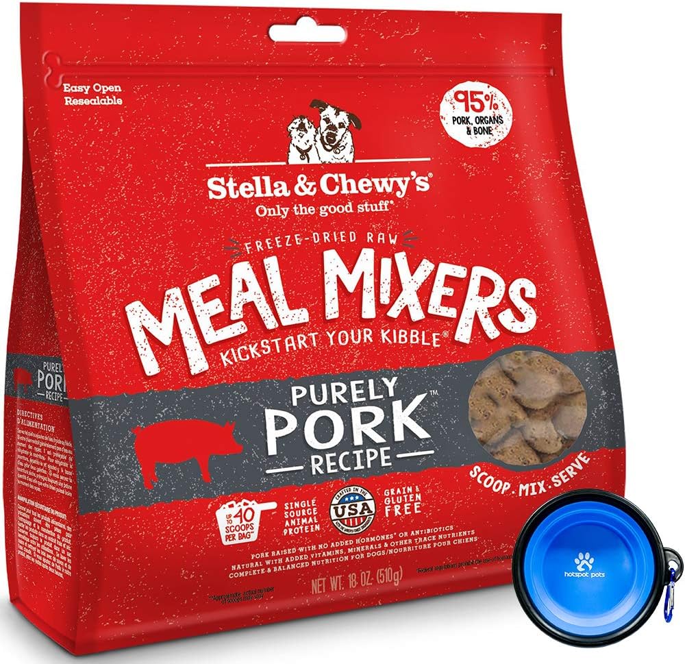 Stella & Chewy's Freeze Dried Dog Food,Snacks Super Meal Mixers 18-Ounce Bag, Bundle Pack with Hotspot Pets Food Bowl (Purely Pork)