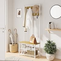 Vista 6 de Árbol de pasillo con banco y almacenamiento para zapatos, perchero para zapatos de 3 en 1, perchero de pie de madera independiente con marco