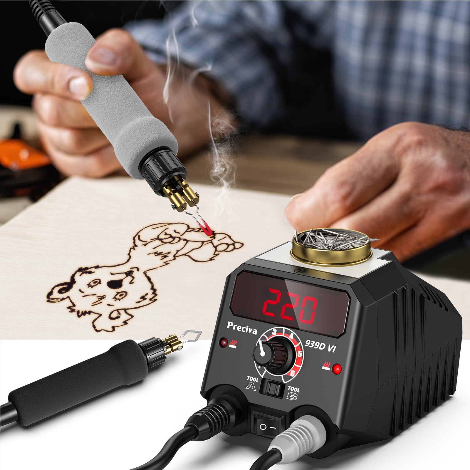 Pirografo per Legno, Saldatore Elettrico Preciva 939D VI", intervallo di temperatura da 250℃ a 750℃, 20 tipi di punte multiforma, impugnatura ergonomica, adatto per Pirografia, Saldatura, Fai-da-te