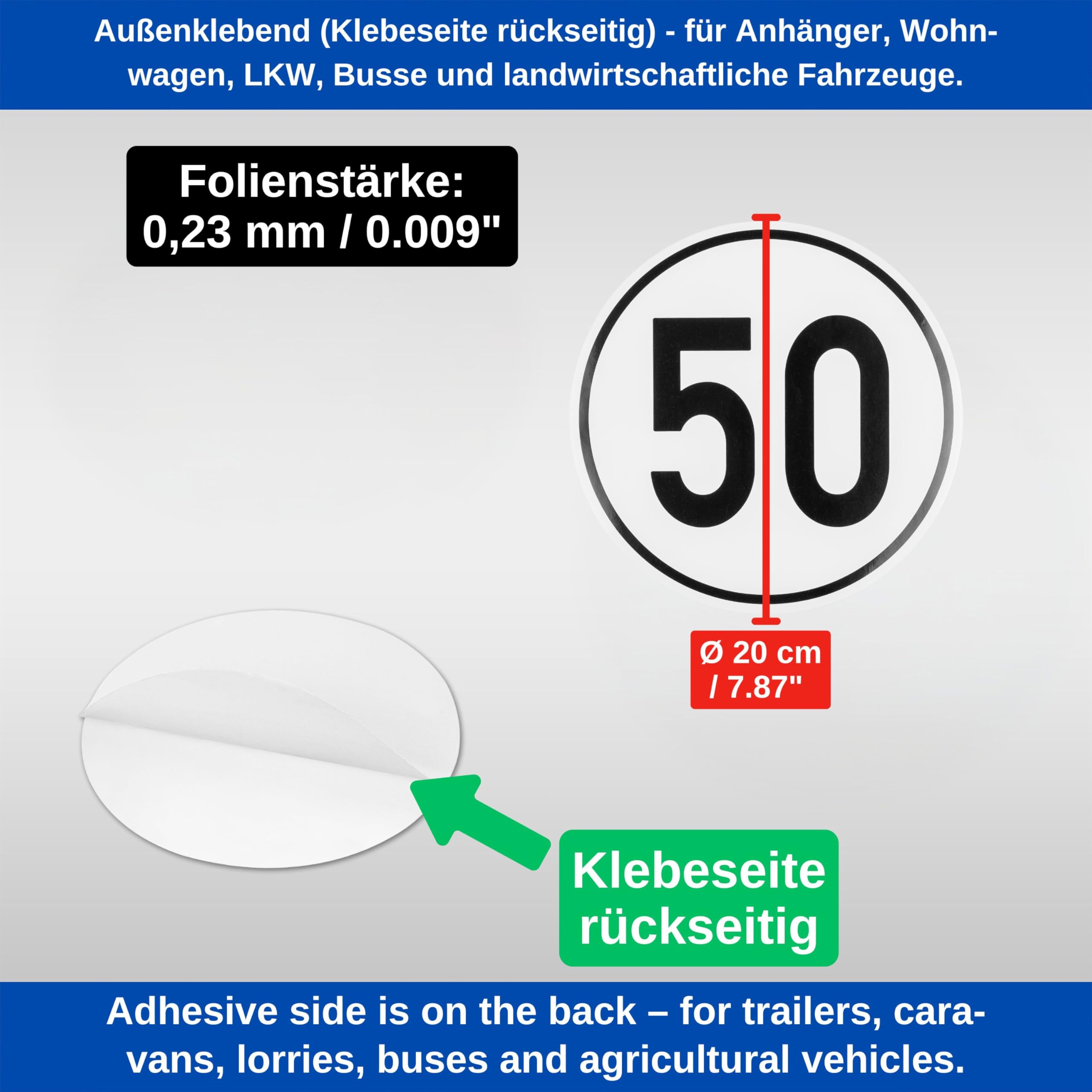 fahrradanhänger geschwindigkeitsbegrenzung Aufkleber Set Geschwindigkeit mit 50 KM/H, 2 Stück, Ø 20 cm, selbstklebende Folie, außenklebend, Tempo Klebesticker für Anhänger, LKW, Bus, Landmaschine, Wohnwagen, Geschwindigkeitsaufkleber KFZ Set Auto & Motorrad Größe:44 Berlin Bike 2GO – vintage damecykel LED