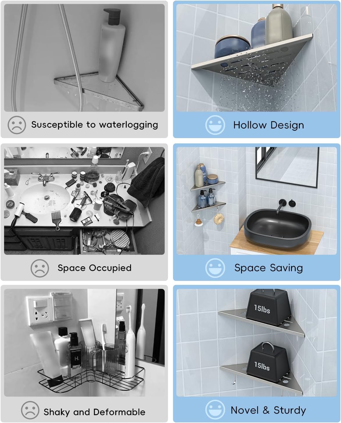 DAYONE 10" Corner Shower Shelf Brushed Nickel, 304 Stainless Steel Slot Design Recessed Corner Shelves with 2 Hooks and 4 Holes, for Bathroom Shower Kitchen 2 Pack