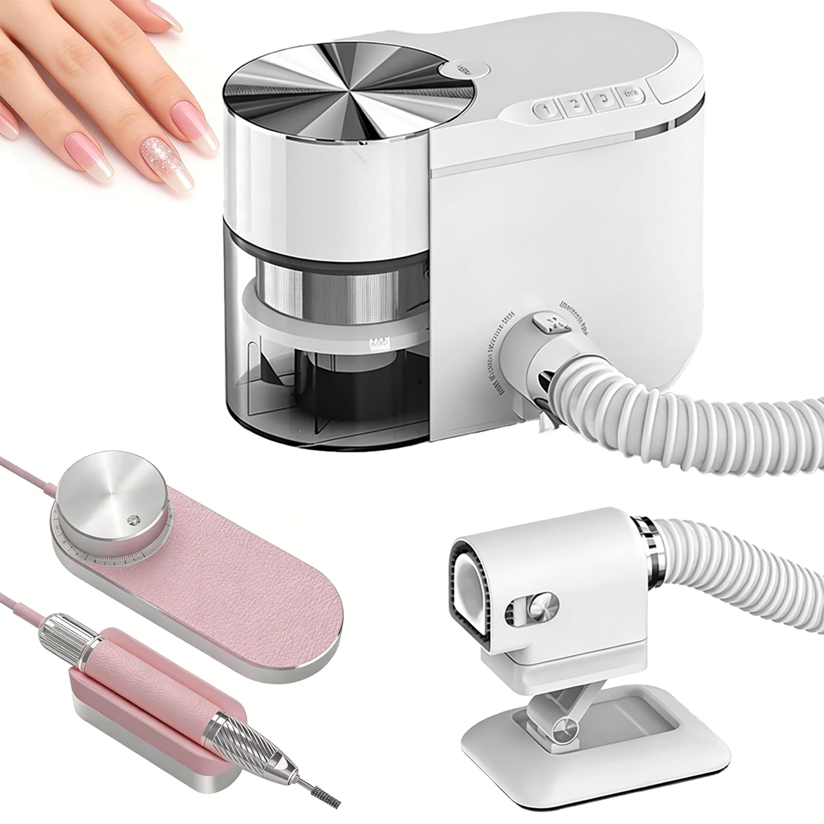 Kit Aspirapolvere per Unghie e Fresa Elettrica per Unghie, Potente Aspirapolvere per Unghie da 12 KPa, Fresa per Manicure a 30.000 Giri/Min, Aspirazione e Angolazione Regolabili Pink