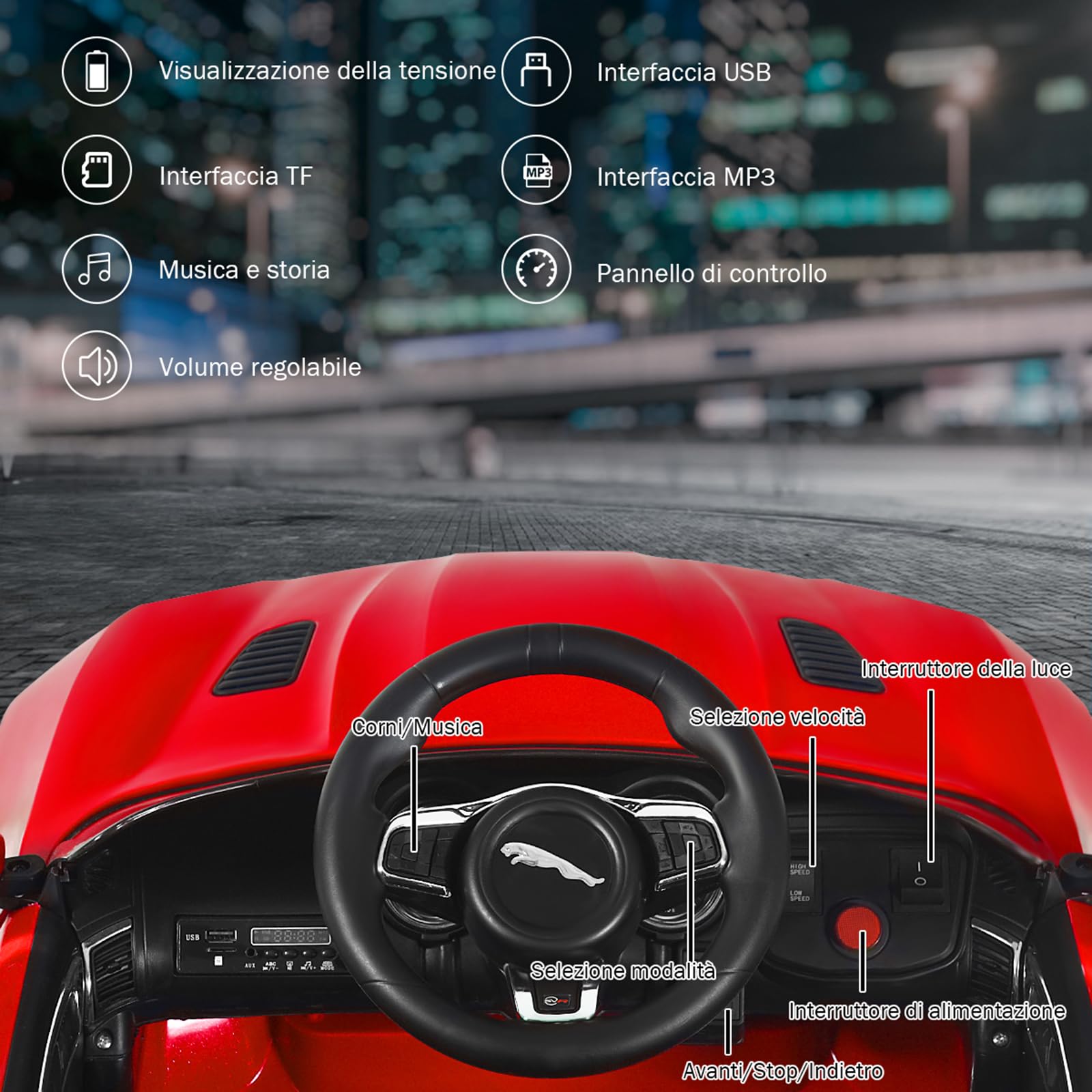COSTWAY Jaguar Auto Elettrico 12 V per Bambini, Macchina Elettrica con Telecomando, con Luci Musica Storia, Avvio Lento, Velocità 3-5 km/h (Rosso)