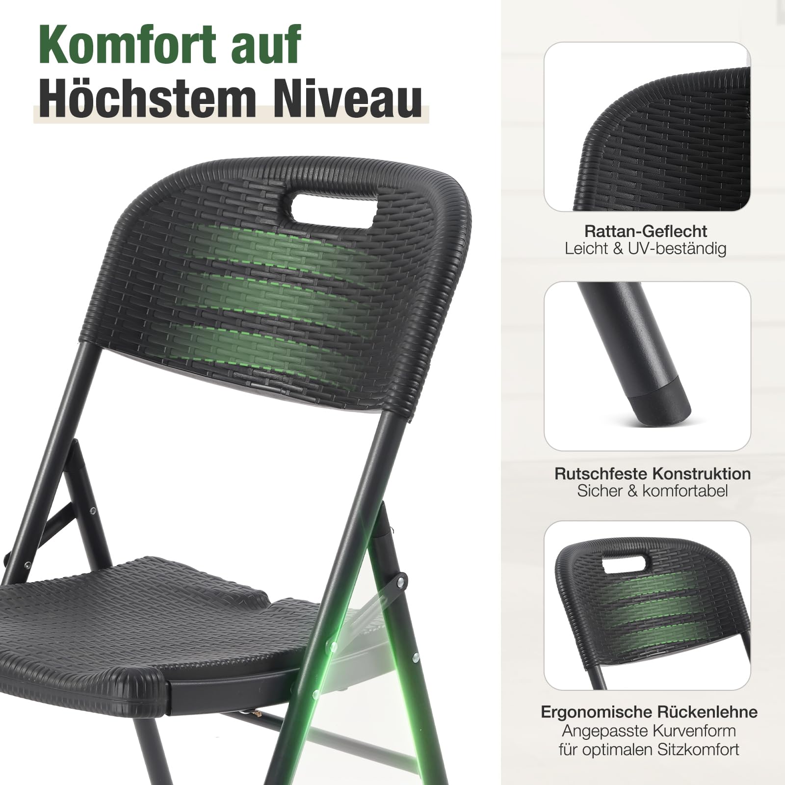 Sekey Klappstuhl 2er Set, Gartenstuhl Klappbar bis 150KG, Campingstuhl Wasserdicht aus Metall & Kunststoff, Schwarz