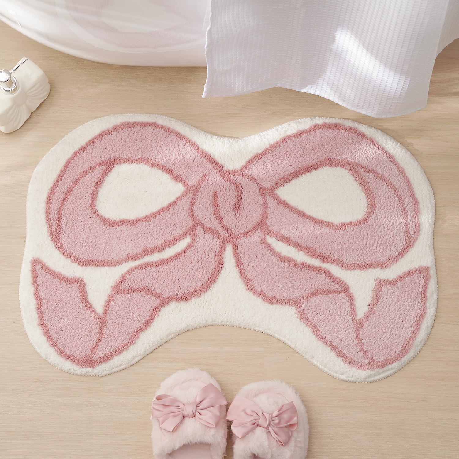 ELDONE Pink Bow Shaped Bathroom Rugs, Cute Bath Mat Non Slip, Microfiber Aesthetic Trendy Funky Fun Preppy Girly Rug, Coquette Bow Decor for Girls