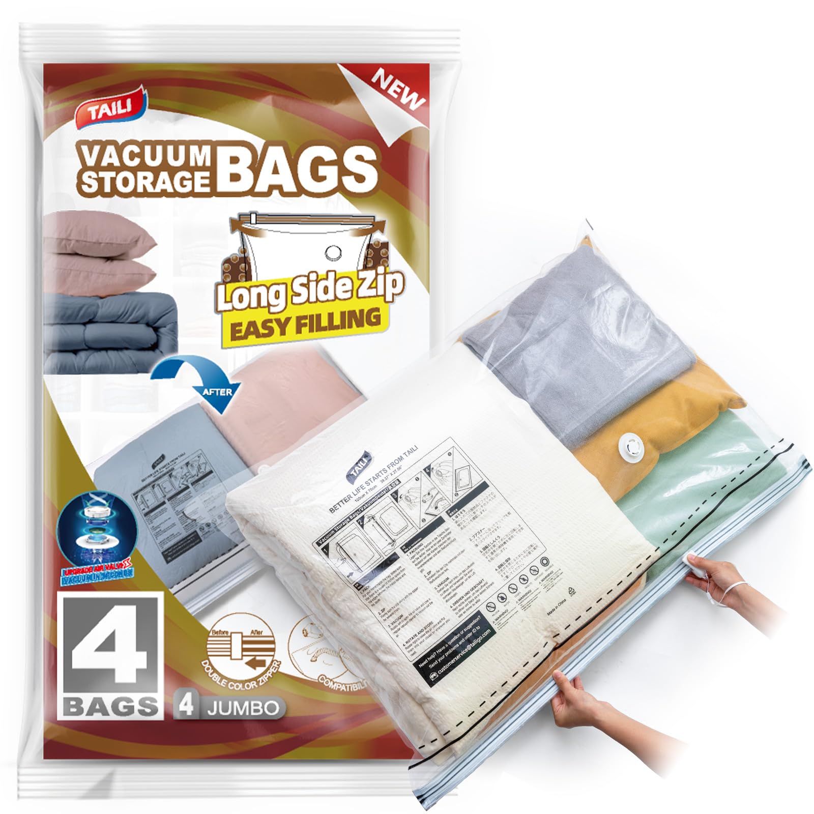 TAILI 4 Pack Vacuum Storage Bags, LONG SIDE ZIP (39x28 inch) Vacuum Seal Bags for Clothing, Jumbo Storage Space Saver for Beddings, Comforters,