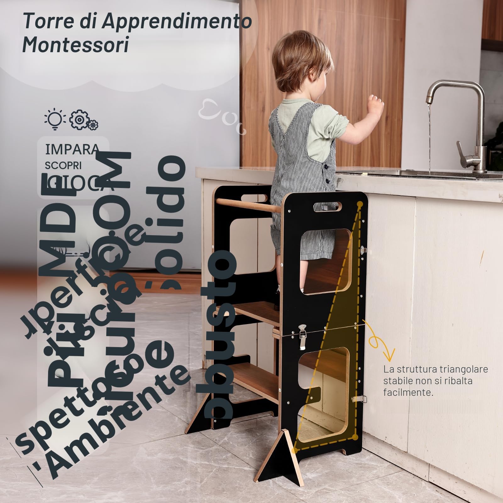 Labebe Torre di Apprendimento per Bambini Montessori 3 in 1 Pieghevole con Lavagna e Protezione Antiribaltamento Nero