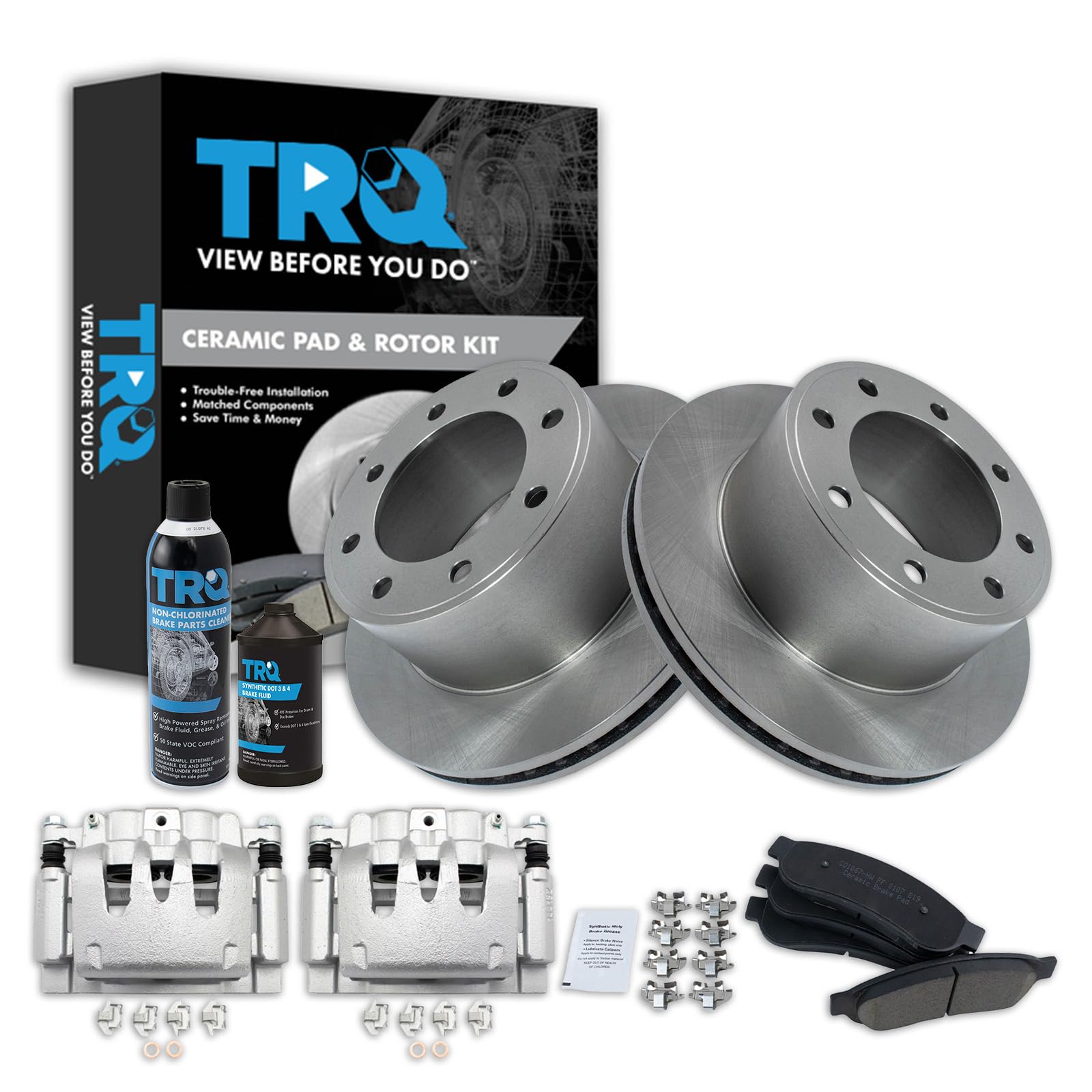 TRQ Rear Brake Pad, Caliper, &amp; Rotor Kit, with Chemical Kit Ceramic Compatible with 2008-2012 Ford F-250 Super Duty 2006-2012 F-350 Super Duty