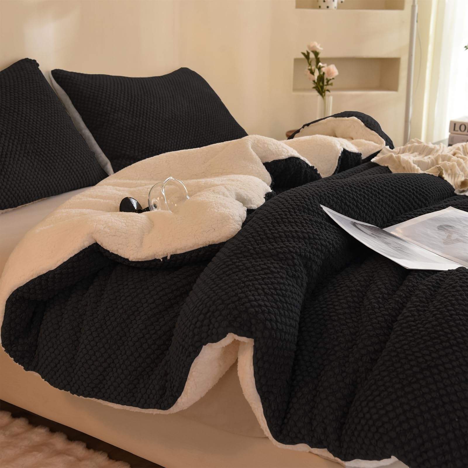 Photo 1 of LLanCL 3D Jacquard Design Comforter Set, Ultra-Soft Warm Queen Size Sherpa Fur Plush 3-Pieces Sets Luxury Cozy Bedding with 2 Pillowcases (90"x90", Black)