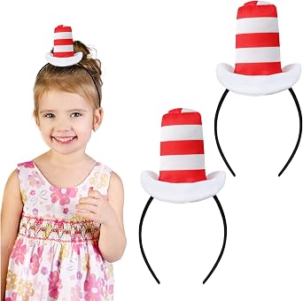 2 Pcs Cat Headband with Red and White Striped Hat Dr Suess Hat The Book Character Costume 100 Days of School Costume for Girls Women Men Halloween Cute Headwear Halloween Party Cosplay Accessories