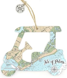 Isle of Palms, SC Golf Cart Shaped Wood Map Ornament | 4.5” Tall Wood Hanging Map Ornament with Artwork & Compass Charm | Perfect for Wine Bottles, Gift Bags, Home Decor or to Accent Christmas Tree