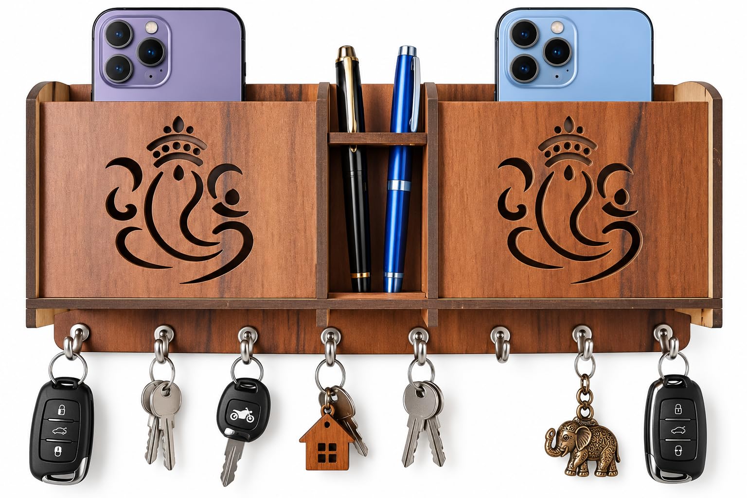 CAPIO ART Wooden Key Holder - 7 Hooks & Mobile Storage -8