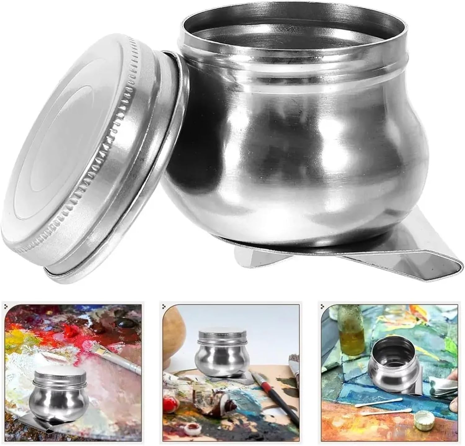 Paint Pot Container Cup 4pcs Stainless Steel Painting Oil Pot with Lid Leak Proof Watercolor Dipper Professional Single Hole Paint Box