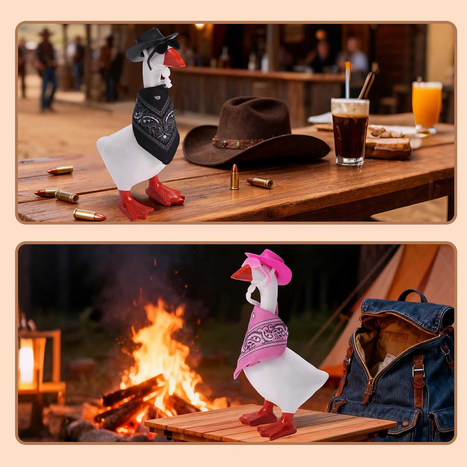 2 Sets Western Cowboy Mini Desk Goose Outfits, Porch Goose Cowgirl Clothes Costume with Hat Scarf & Sunglasses for 7in/18cm Statue Accessories (Pink, Black)