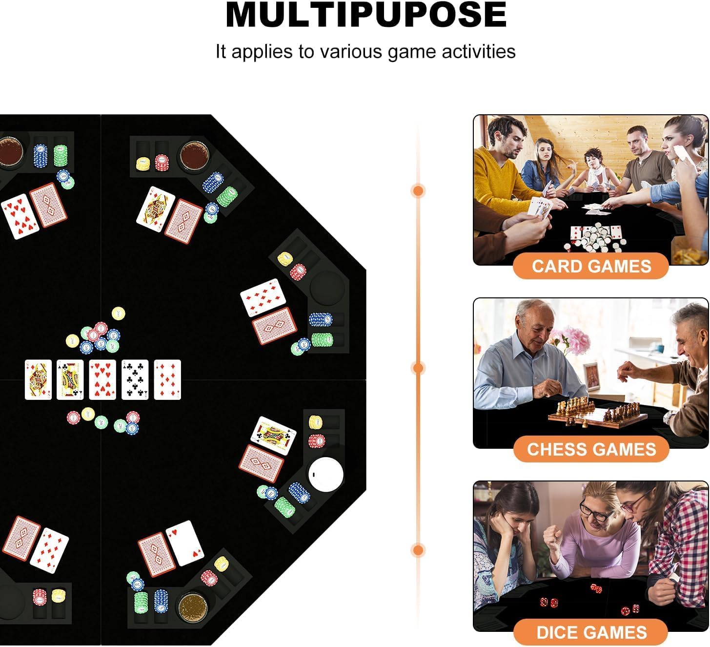 48 Inch Foldable Poker Table Top for 8 Players, Octagon Poker Table Topper with Chips Tray & Cup Holders, Professional Texas Hold’em Poker Table Mat Layout with Carrying Bag for Card Casino Games