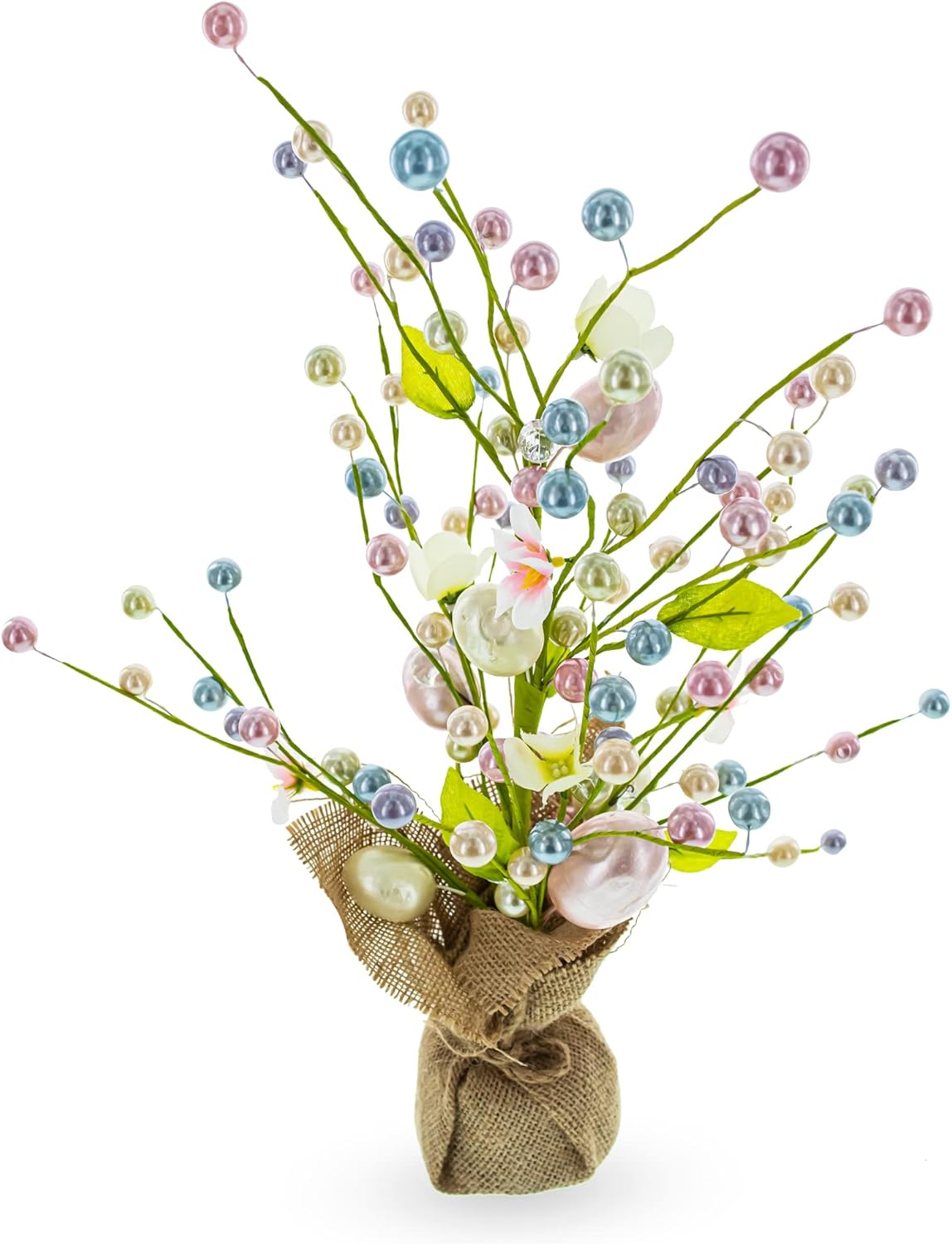 Easter Berry & Egg Floral Arrangement – Rustic Spring Tabletop Centerpiece with Burlap Base