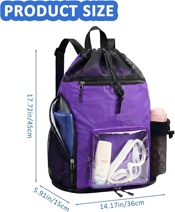 Mesh Beach Backpack Sandproof Waterproof Drawstring Backpack with Tumbler Side Pockets Swim Bag for Pool Gym(Purple)