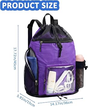 Mesh Beach Backpack Sandproof Waterproof Drawstring Backpack with Tumbler Side Pockets Swim Bag for Pool Gym(Purple)