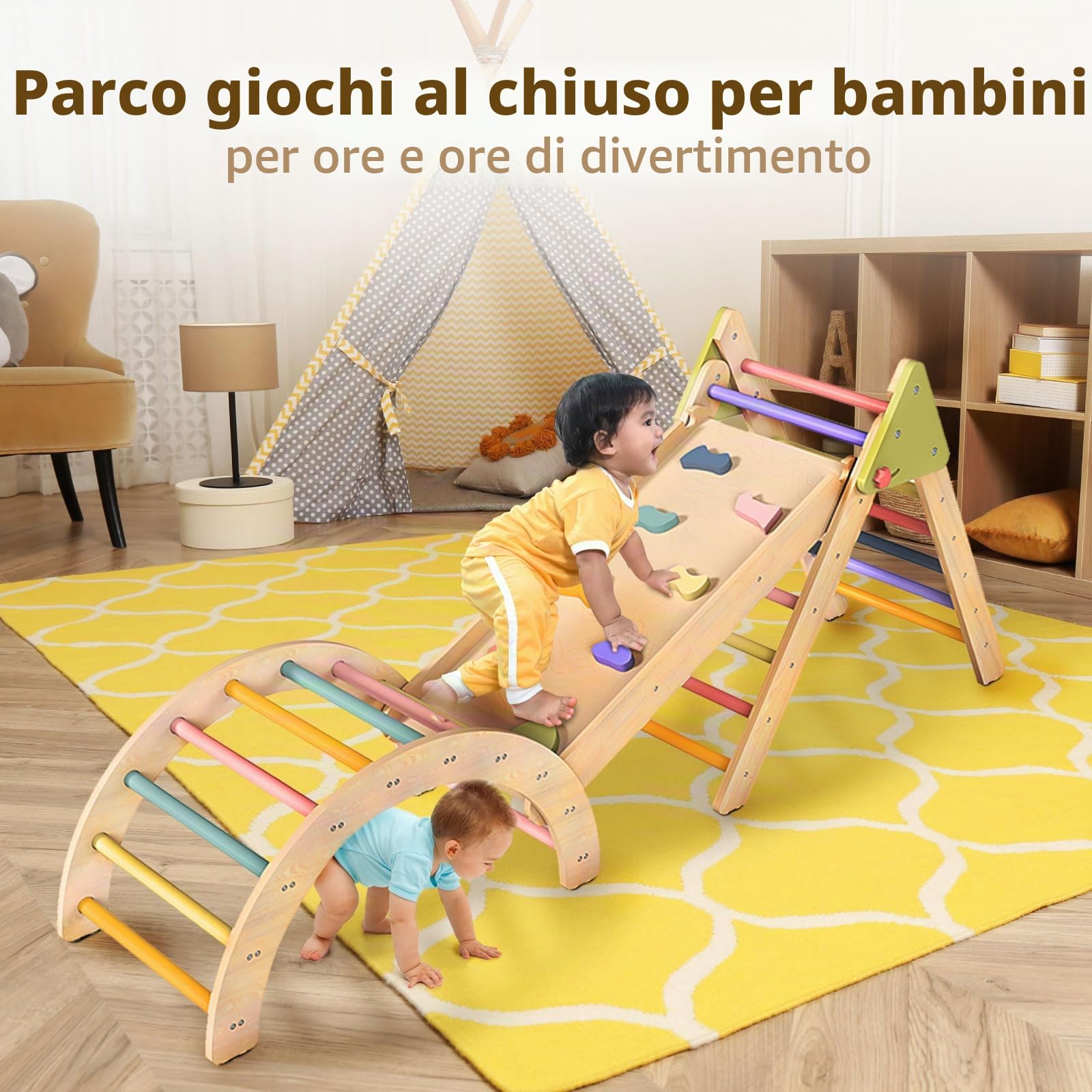 LOL-FUN Montessori - Struttura da arrampicata 7 in 1 in legno per bambini, pieghevole, giocattolo da arrampicata Pikler, triangolo, con rampa e arco, per giochi al coperto e palestra della giungla per