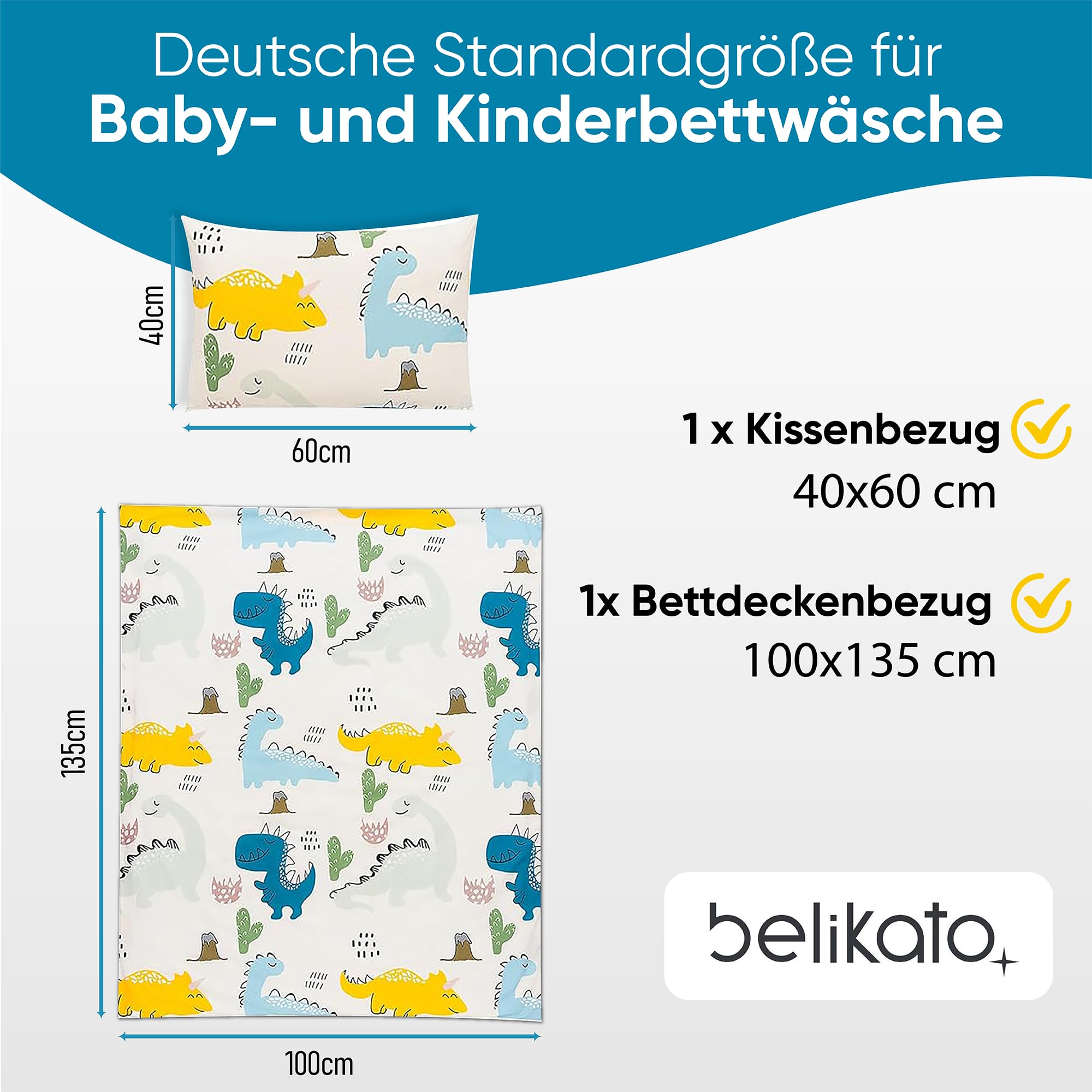 Kinderbettwäsche 100x135 aus 100% Baumwolle mit Dinos - Kinder Bettwäsche und Baby Bettwäsche Set Junge Kleinkinder - bei 60 Grad waschbar - (Dinosaurier 100 x 135 und 40 x 60)