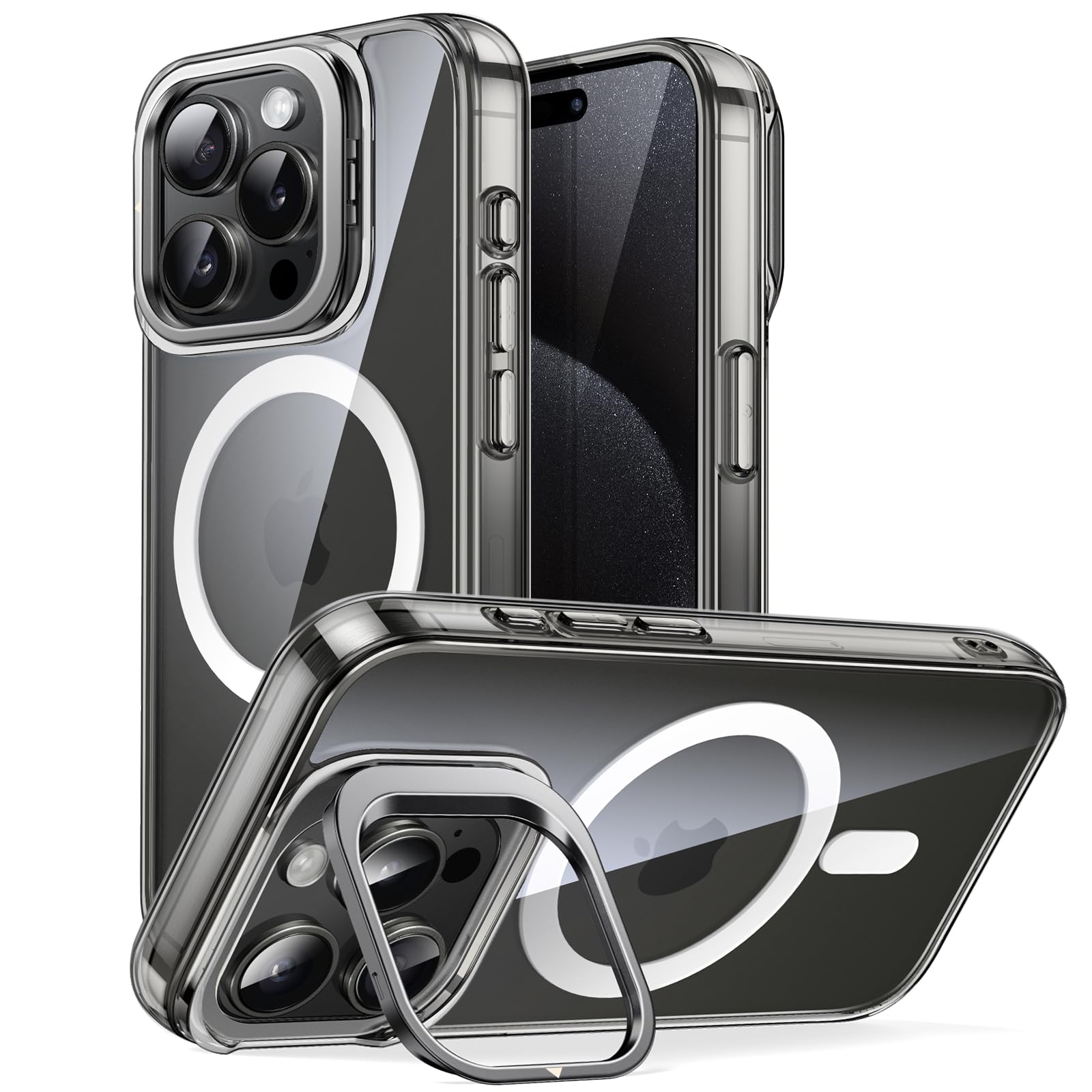 JETech Kickstand Case for iPhone 15 Pro 6.1-Inch Compatible with MagSafe Wireless Charging, Built-in Camera Ring Stand, Shockproof Phone Bumper Cover, Anti-Scratch Back (Black Titanium)