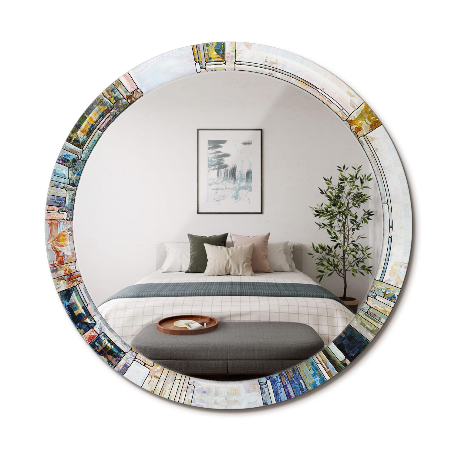 Miroir rond vitrail fi90 pour agrandir une pièce sombre avec un cadre en verre imprimé moderne