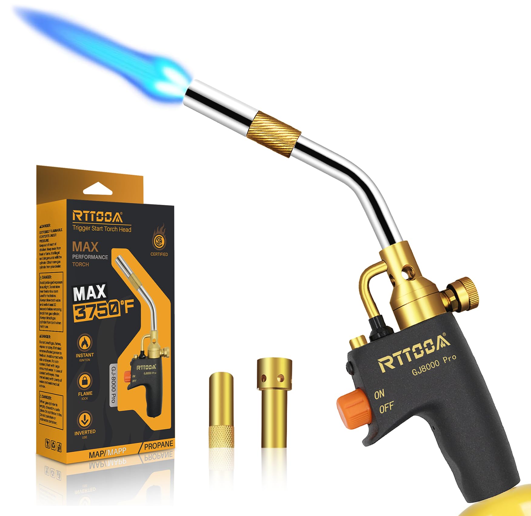 High Intensity Propane Torch Head, GJ-8000Pro Trigger Start Mapp/Map Gas Torch with Self Ignition, Pencil Flame Welding Torch Fuel by MAPP, MAP/PRO and Propane gas（CSA Certified)