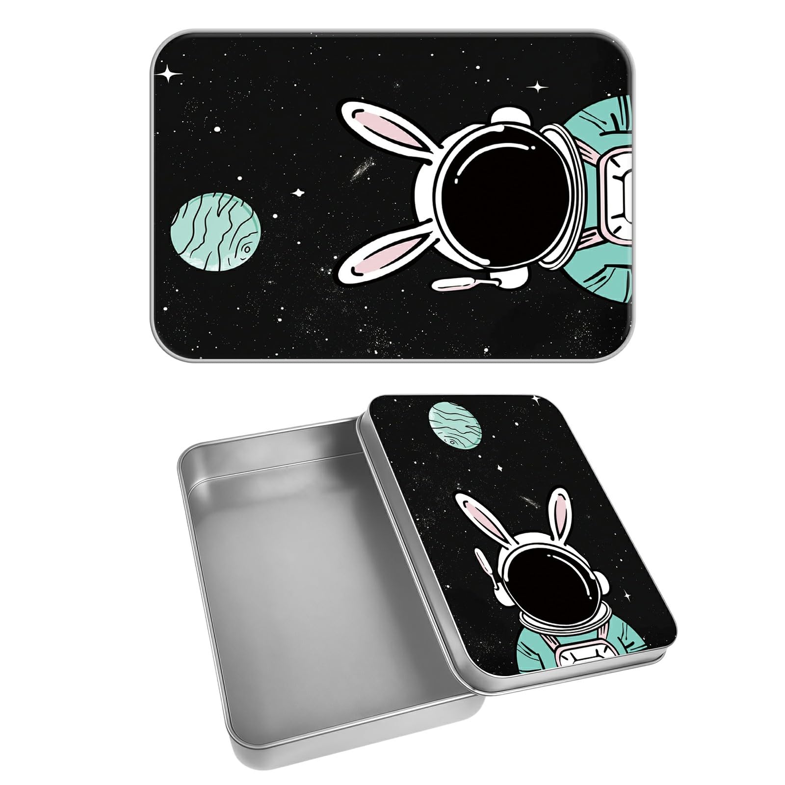Rectangular Metal Tin Box with Removable Lid, Rabbit Astronaut Decorative Printed Metal Storage Container for Cash Ticket Credit Card Check 3.46 x 2.36 x 0.7 inch– Single Pack