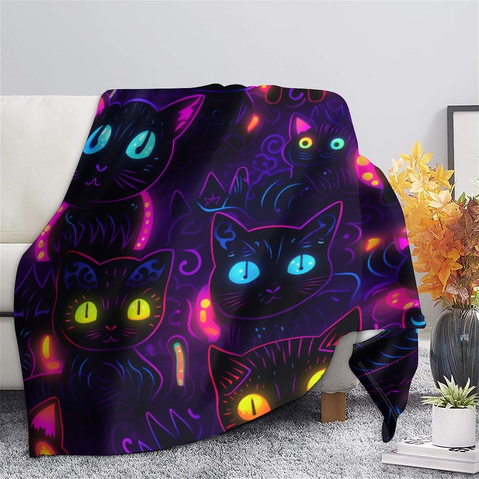 Gattino neon Coperta in Flanella 3D Con Stampa Di Gatto Peluche Coperte Microfibra Caldo Morbida Per Bambini Adulti Coperta Decorata ，per Divano Letto Ufficio 70x80inch(180x200cm)