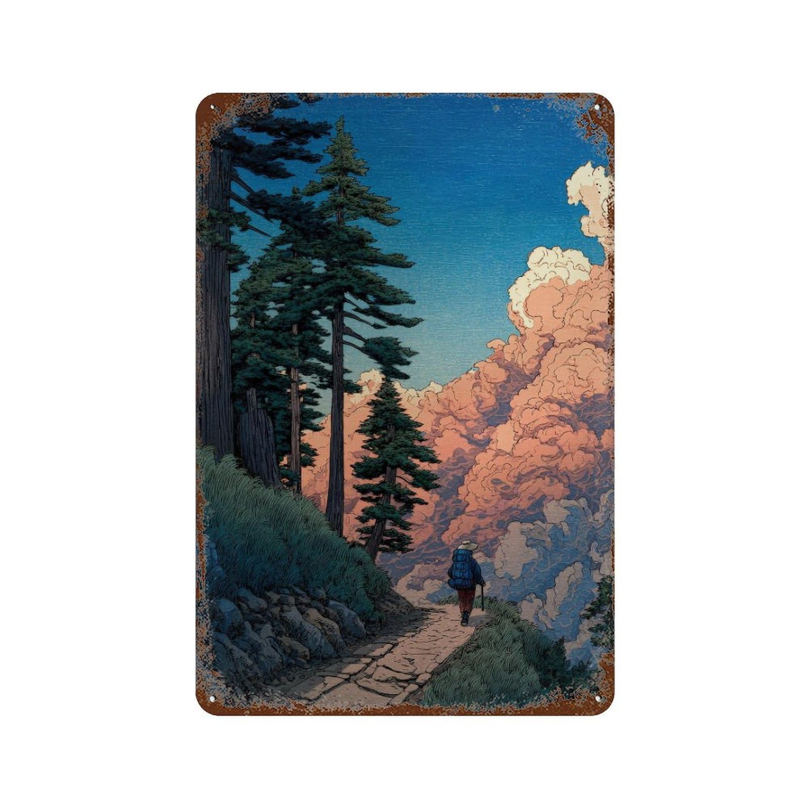 xiaoxiaoshen Hiker On Mountain Trail. Nature Illustration Scenic Landscape Wall Decor Art Metal Tin Poster Modern Home Decor Art Home Bar Shop Decorations Vintage Sign 30x20cm