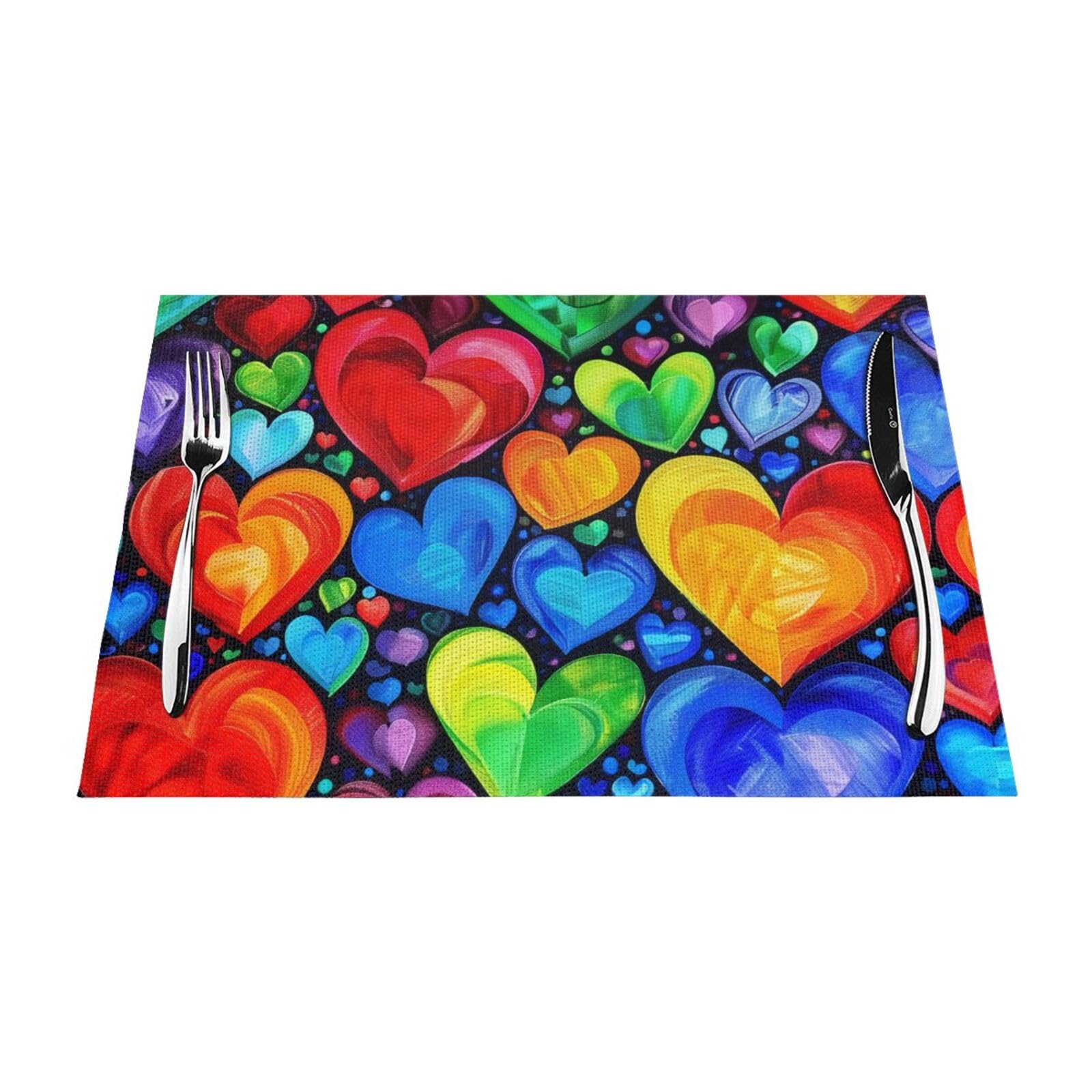 Rainbow Hearts Printed PVC Placemat 6 PCS for Kitchen Dining Table Heat-resistand Washable Table Mats 18x12 in