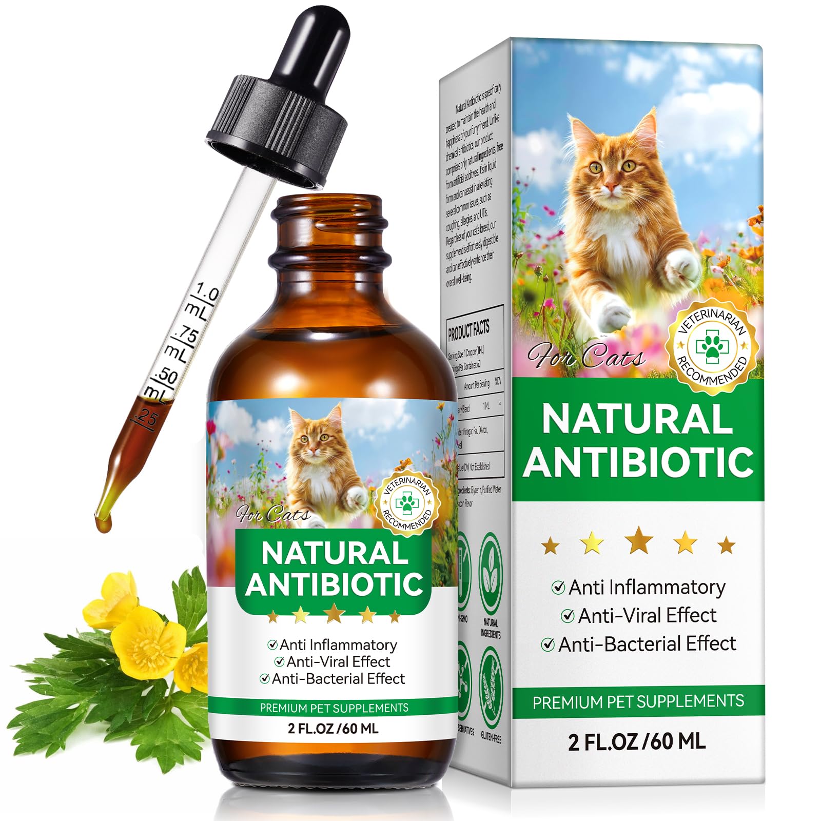 Katzen Antibiotika für Infektion 60ml, Natürliche Antibiotika für Katzen, Katze Antibiotika für UTI, Entzündungshemmend Unterstützt Immunsystem & Allergie Relief, Juckreiz Linderung