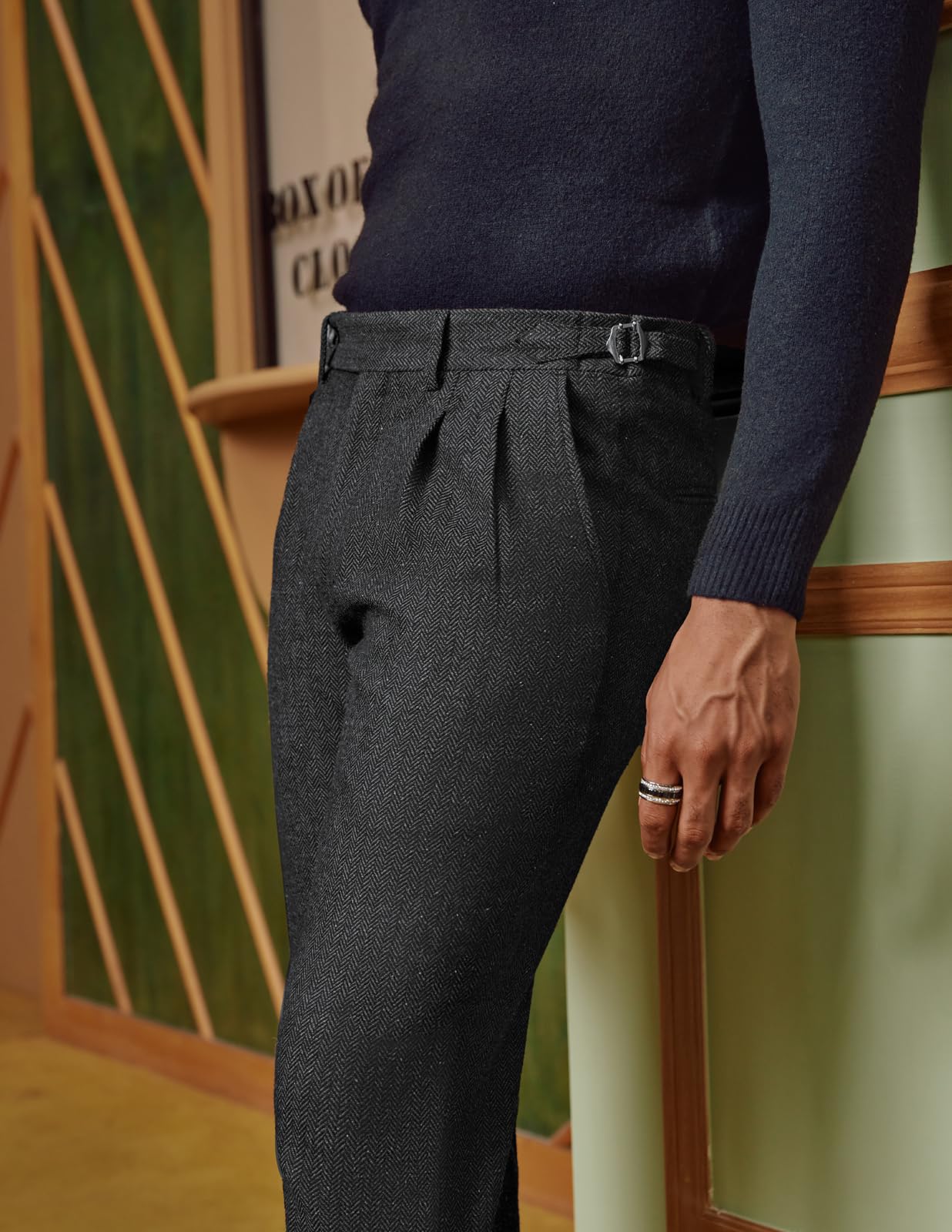 PJ Paul Jones Pantaloni Vintage da Uomo in Tweed a Spina di Pesce Pantaloni a Pieghe, Nero e Grigio., L