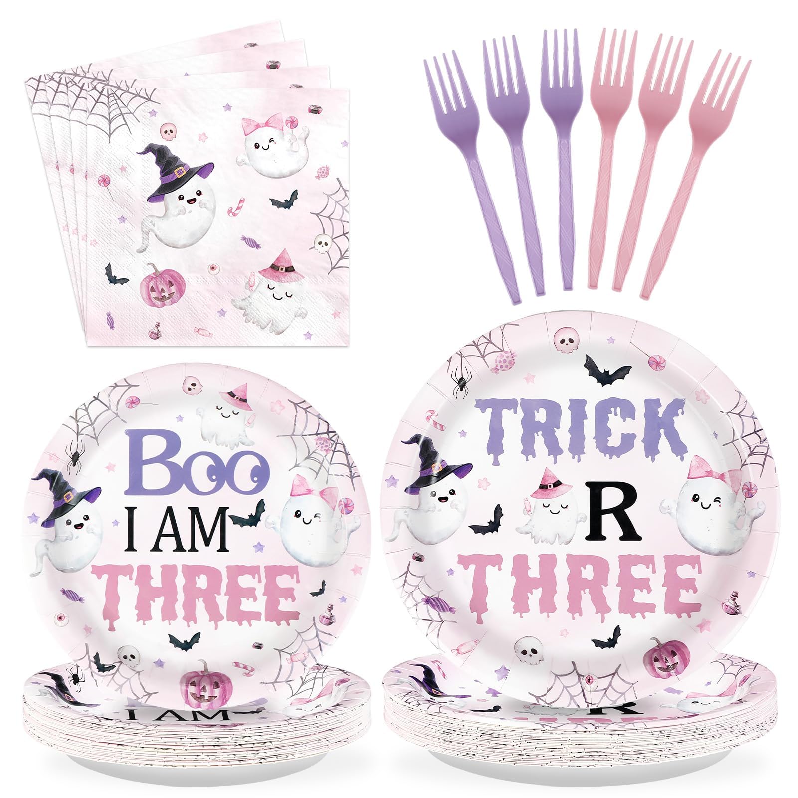 Grencian 96Pcs Trick or Three Halloween 3rd Birthday Decorations for Girls