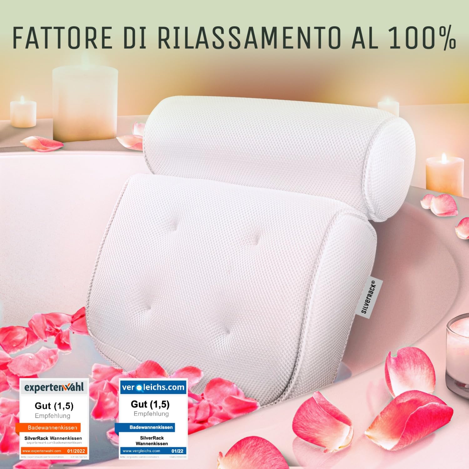 SilverRack Cuscino da bagno MEDIAMENTE MORBIDO [Bianco 3D] - Cuscino per il collo per vasca da bagno con ventose come accessorio per vasca da bagno - Cuscino per vasca da bagno