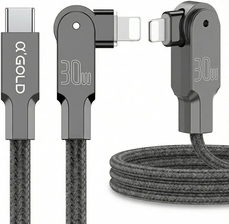 Cabo A’Gold Entrada Tipo USB-C para Tipo Lightning PD 30W Turbo, Conector Rotativo 90° P/Jogar sem Danificar, Cabo Reforçado Trançado, 1 Metro, Compatível C/iPhone 5 ao 14, iPads e iPods