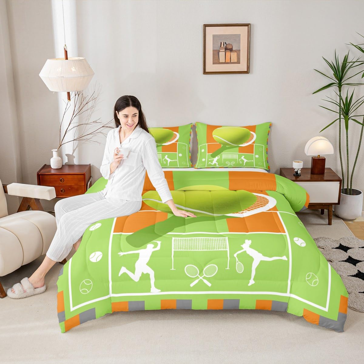 Manfei Tennis Comforter Set Toddler Size 2 Pcs,Fashion Sports Game Player Silhouette Bedding Set,Tennis Court Sporting Field Geometric Green Orange Quilt Set for Child Bedroom,1 Pillowcase