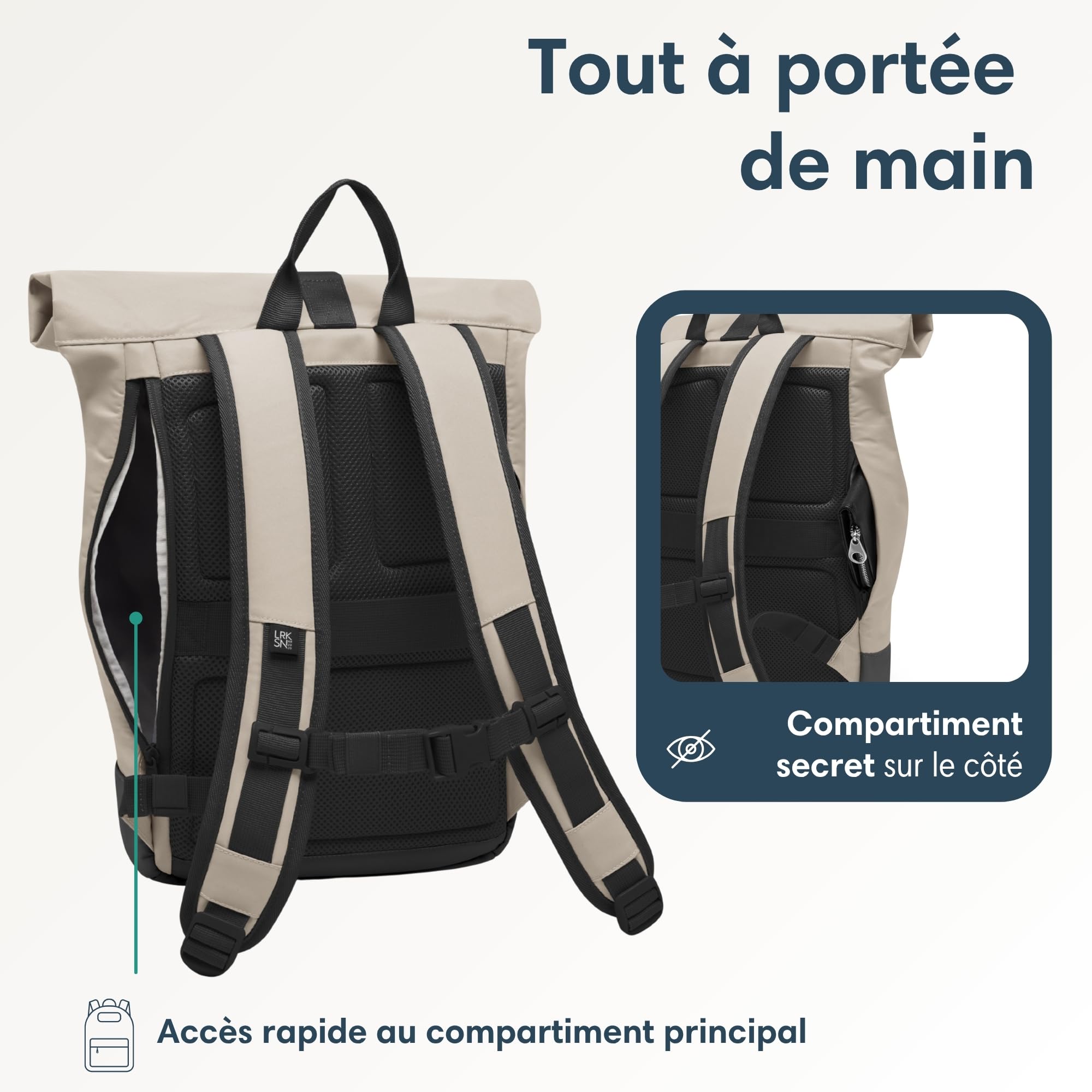 LARKSON Sac à Dos Femmes & Hommes Beige Gris - Janne Small - Petit Sac à Dos Rolltop avec Compartiment pour Ordinateur Portable - Pour Université Travail Voyages & Vélo - Hydrofuge