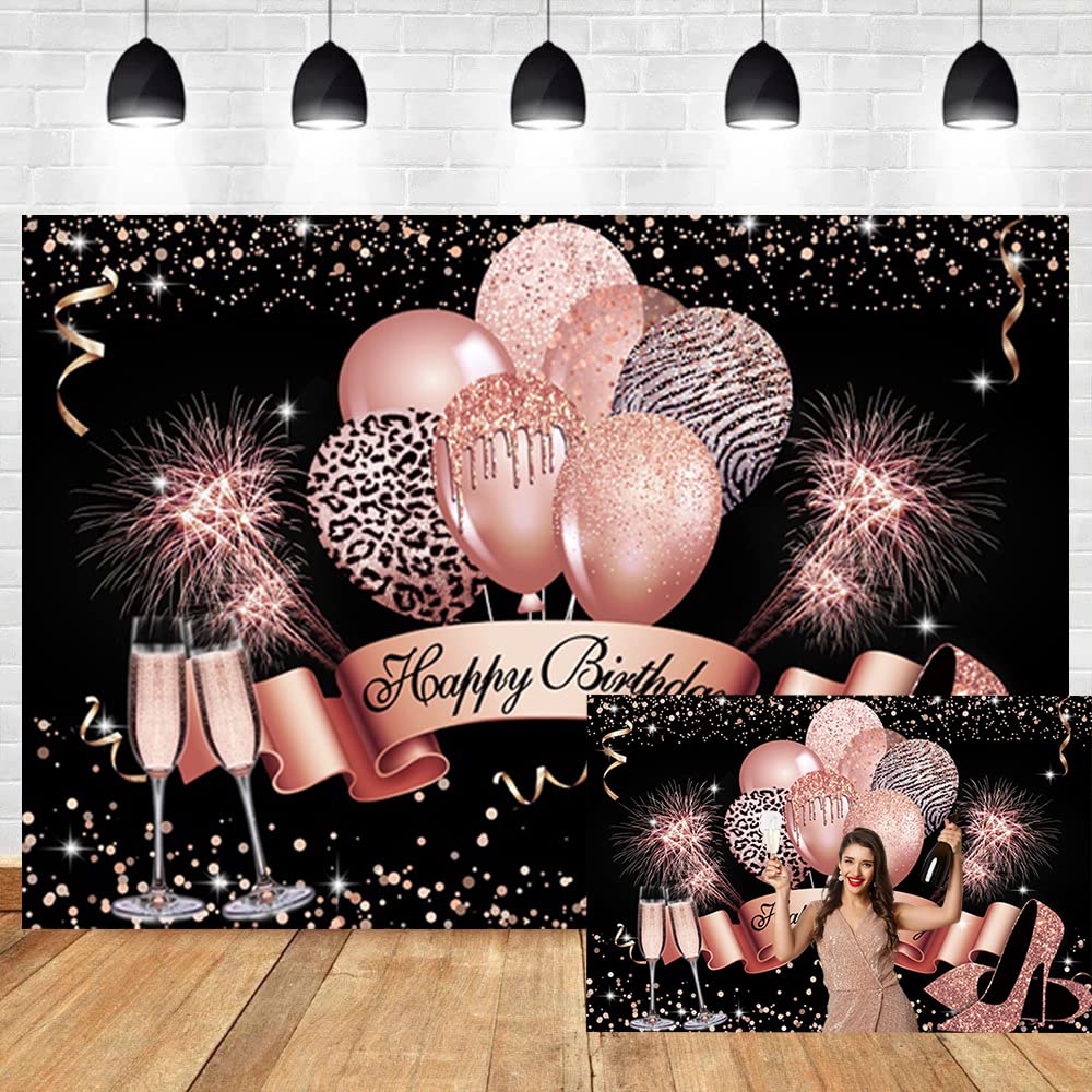 Geburtstagshintergrund in Roségold und Schwarz, glitzernde Luftballons, Absätze, Champagner, Happy Birthday, für Frauen, Mädchen, Geburtstagsparty, Dekoration, Kuchen, Tischbanner,