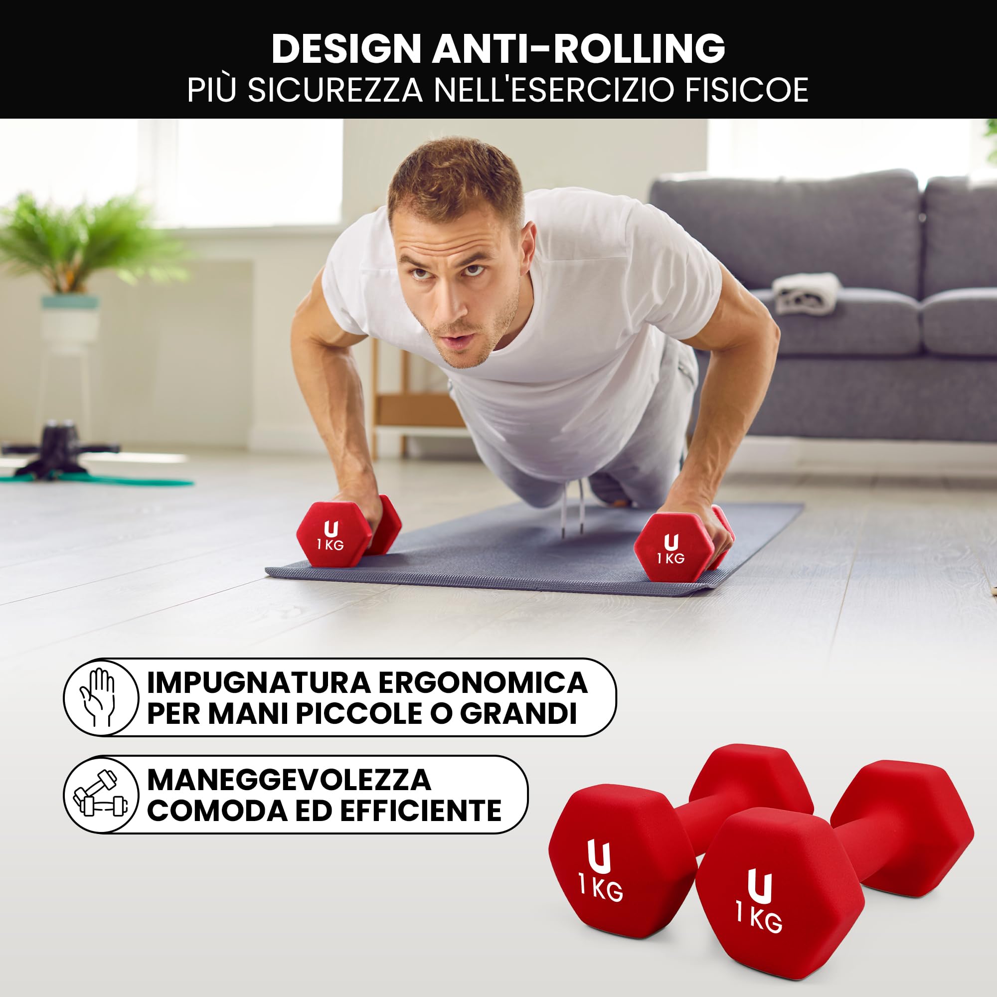 unycos - Coppia di Manubri【Ghisa/Neoprene】Esagonale da 1-10 kg, Set di Pesi Antiscivolo per Uomini/Donne, Palestra in Casa, Fitness, Allenamento della Forza, Include E-Book con 30 Esercizi