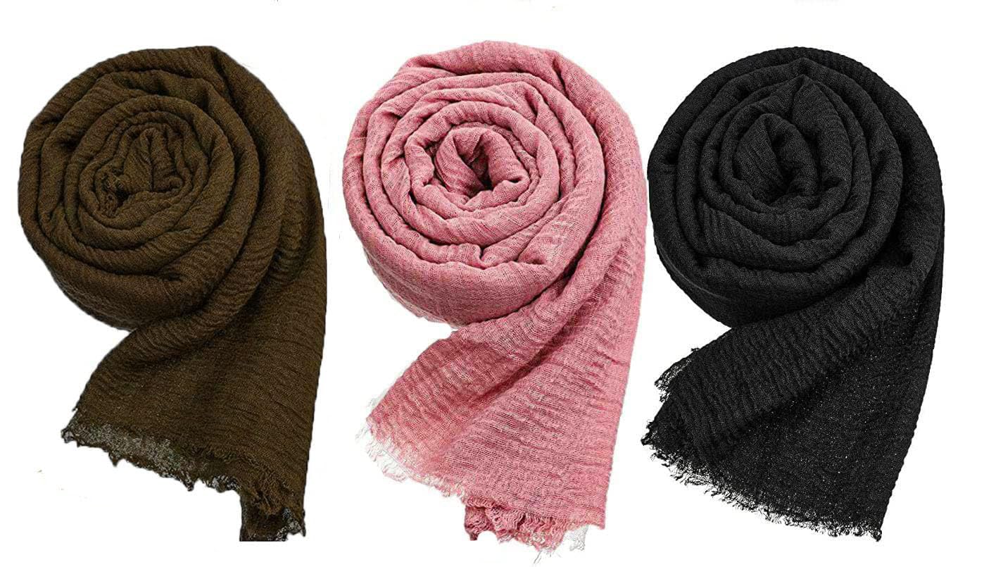 icw Women's Premium Wrinkle Ironless Crinkled Cotton Hemp Summer Scarf Stoles Shawl Head Scarves For Girls, Black , Maroon For Female-picture-22