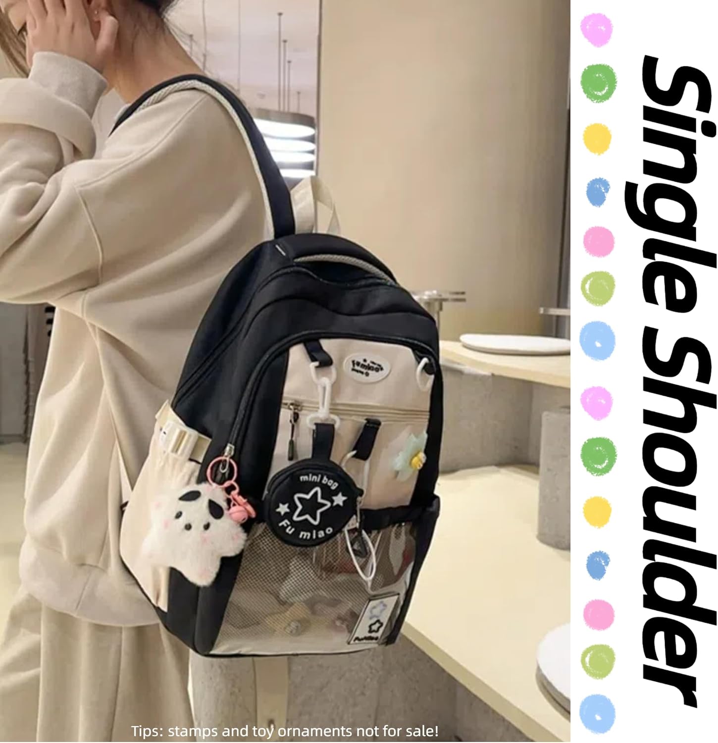 Kawaii Backpack Double Shoulder Bag with Cute Star Removable Pouch Clear Pocket Large Capacity Dopamine Colors Daypack (Clear Black) - Image 3