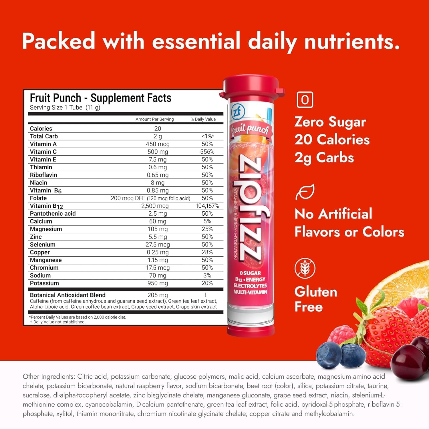 Zipfizz Healthy Energy Drink Mix, Fruit Punch, 20 Count