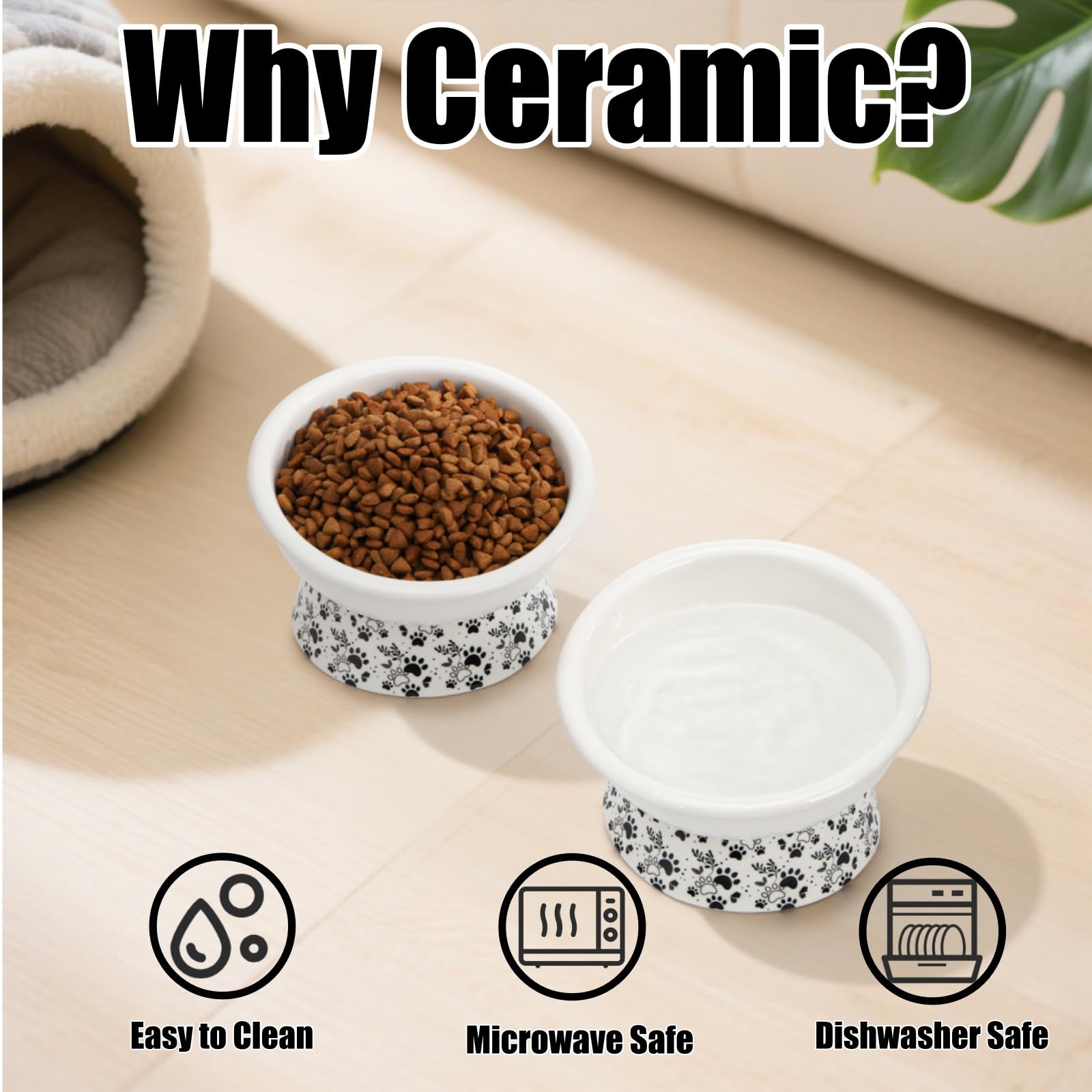 Ceramiczne podwyższone miski dla kotów, 15 cm, bardzo szerokie, pochylone, podniesione naczynie dla zwierząt domowych, przyjazna dla wąsów miska na karmę i wodę dla małych psów, zapobiega